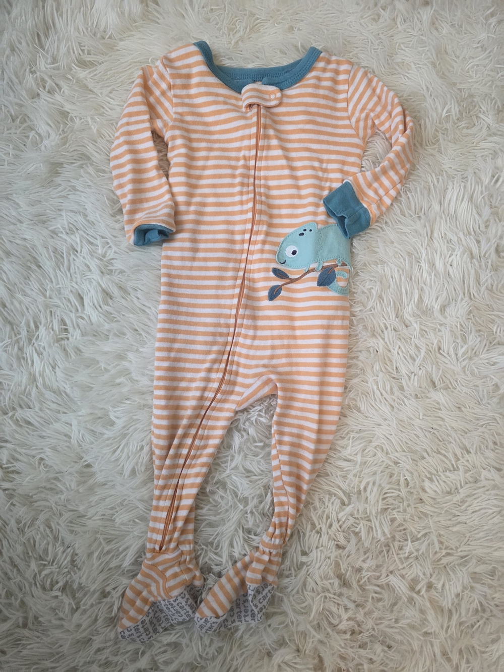 Carter's Peach and White Striped Footed One-Piece with Teal Trim
